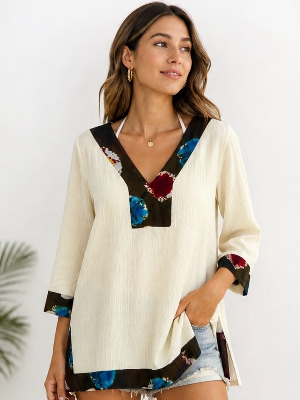 Belize Swimwear Boho Cover-Up Tunic Medium Ivory Cotton Resort Beach Top